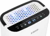 Close-up of the top panel of a white dehumidifier with a black trim, showing a digital display and a honeycomb-patterned vent with blue light. Náhľad obrázku produktu
