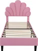 A pink upholstered twin bed frame with a shell-shaped headboard and wooden slats for the mattress. Voir les images du produit
