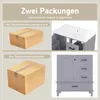 A collage showing two cardboard boxes and two images of a gray bathroom vanity with a white ceramic sink. The text indicates that there are two packages, likely arriving separately. Anteprima dell’immagine prodotto
