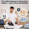 A man is ironing clothes on an ironing board, with a steam generator iron and a basket of laundry in the background. Produktbild-Vorschau