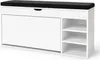 A white shoe cabinet with a black upholstered seat on top, shown against a white background. Produktbild-Vorschau