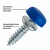 A close-up, angled view of a screw with a blue cap, isolated on a white background. Text labels point to different parts of the screw and cap, highlighting features. Produktbild-Vorschau
