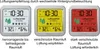 Three air quality monitors are displayed side-by-side, each with a different background color and corresponding text indicating air quality levels and recommendations. Anteprima dell’immagine prodotto
