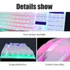 A collage of images showing a white gaming keyboard and mouse with LED backlighting, highlighting features like rainbow backlight, suspended buttons, and colorful lamp effects. Anteprima dell’immagine prodotto