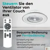 A ceiling fan with a remote control, accompanied by German text advertising its features. Produktbild-Vorschau