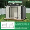 An outdoor metal shed with its doors open, showing the internal frame and a separate diagram of the foundation kit. Produktbild-Vorschau