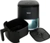 A black Tefal air fryer with its basket and grill plate are displayed on a white background. Produktbild-Vorschau
