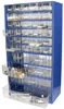 A blue metal storage cabinet with multiple clear plastic drawers filled with small items. Produktbild-Vorschau