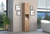A tall, narrow cabinet is shown in a bathroom setting next to a window with a view of nature. Produktbild-Vorschau