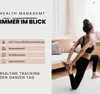 A woman is doing yoga in a bright room, with text overlay describing health management features. Produktbild-Vorschau