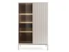 A modern, illuminated display cabinet with a ribbed door and glass shelves. Produktbild-Vorschau