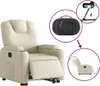 A cream-colored electric recliner chair with an integrated lift assist feature, shown with diagrams illustrating its operation and controls. Produktbild-Vorschau