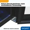 Close-up of the door hinge mechanism of a black refrigerator, with promotional text above and a logo at the bottom. Produktbild-Vorschau