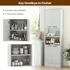 A collage of images showing a tall white cabinet with multiple shelves and doors, featuring kitchen and storage items. The main image shows the cabinet from the front, with inset images highlighting the interior storage. Podgląd zdjęcia produktu