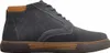 A side view of a gray suede chukka boot with brown accents. Voir les images du produit
