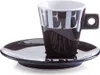 A black espresso cup and saucer with white text. Anteprima dell’immagine prodotto
