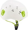 A white climbing helmet with green accents and straps, shown from a side-angle. Produktbild-Vorschau