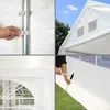 A collage of four images showing details of a white party tent, including its assembly and features. Produktbild-Vorschau