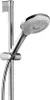 A close-up shot of a chrome shower head attached to a shower rail. Produktbild-Vorschau
