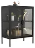 A black metal and glass display cabinet with decorative items on top and inside. Podgląd zdjęcia produktu