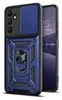 A blue armor phone case with a ring holder and a sliding camera cover is shown next to a smartphone. Produktbild-Vorschau