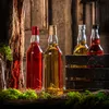 Four glass bottles filled with colored liquids are arranged on a wooden surface with moss and branches, against a rustic wooden background. Produktbild-Vorschau