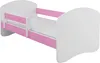 A white and pink children's bed with safety rails.