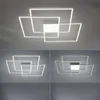 A collage of three images showing a modern LED ceiling lamp with a geometric square design. The top image shows the lamp in a neutral setting, while the bottom two images show it with different lighting conditions. Anteprima dell’immagine prodotto