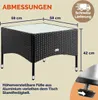 A black polyrattan garden table with a glass top, shown with dimensions and text about its features. Anteprima dell’immagine prodotto