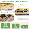 Collage of images showcasing different storage features of a bed, with text labels and icons. Náhled obrázku produktu