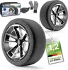 A product shot of textile snow chains for tires, including a storage bag and gloves, with a certification tag. Podgląd zdjęcia produktu