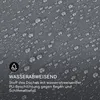 Close-up of fabric with water droplets, indicating water-repellent properties, with a text description and icon. Produktbild-Vorschau
