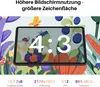 A tablet displaying a 4:3 aspect ratio with a floral illustration in the background, along with feature specifications at the bottom. Produktbild-Vorschau