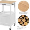 A white kitchen cart with a wooden top, shown from the side, with close-up insets of the wood grain and stacked logs. Produktbild-Vorschau