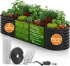 A raised garden bed filled with various plants, including lettuce, strawberries, and herbs, is shown. Several accessories are laid out in front of the bed. Produktbild-Vorschau