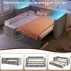 A multifunctional sofa bed with LED lighting, shown in its extended bed form. The image also includes smaller inset images showing different stages of the sofa bed's transformation. Podgląd zdjęcia produktu