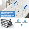 A shower chair is placed inside a bathtub, with marketing text and feature icons surrounding it. Podgląd zdjęcia produktu