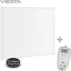 A white infrared heating panel with a thermostat and a logo. Produktbild-Vorschau