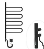A black electric towel warmer with four foldable arms is shown on a white background. A close-up of the control unit is also visible. Náhled obrázku produktu