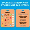 Detailansicht der Suchkarte mit Aufgaben und Symbolen, die im Bagger Sensorik-Spielzeug zwischen den Perlen versteckt sind. Produktbild-Vorschau