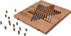 A wooden Chinese Checkers board game with colorful marbles scattered around it. Produktbild-Vorschau