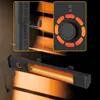 A black infrared patio heater is mounted on a wall, with its heating element glowing orange. Close-up insets show mounting hardware and a control panel with a dial and indicator lights. Náhled obrázku produktu