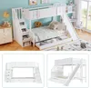 A collage of images showing a white bunk bed with a slide and stairs, with storage drawers. The top image shows the bunk bed in a room setting with bedding and decor. The bottom two images are close-ups of the bunk bed from different angles. Náhled obrázku produktu