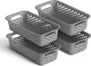 Four gray storage baskets are stacked and arranged in a way that shows their shape and perforated design. Anteprima dell’immagine prodotto