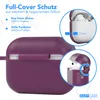 A close-up of a purple silicone case for AirPods Pro, with callouts highlighting its features. Produktbild-Vorschau
