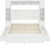 A white bed frame with drawers and a headboard with shelves. Produktbild-Vorschau