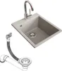 A beige sink with a silver faucet and a diagram of a drain assembly. Náhled obrázku produktu