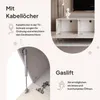 A collage of images showcasing features of a white TV lowboard, including cable management and gas lifts for cabinet doors. Náhled obrázku produktu
