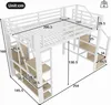 A diagram of a white metal loft bed with integrated shelves and stairs, showing various dimensions in centimeters. Voir les images du produit