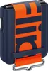 A close-up view of a dark blue Samsung Galaxy Z Flip 3 case with an orange strap and dark blue lettering. Produktbild-Vorschau